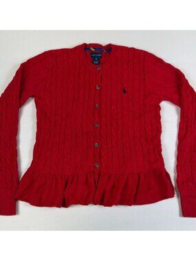 Ralph Lauren Girls XL (16) Red Cable Knit Peplum Button Cardigan Retro Cotton